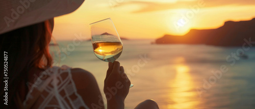 Twilight toast with a glass of wine overlooking a tranquil sea view.