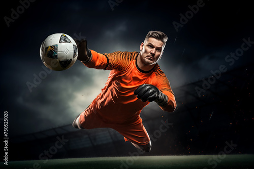 A mens soccer football goalkeeper diving to save the ball in a dramatic action shot in saving the cross or penalty and denying the goal being scored in a dynamic stadium