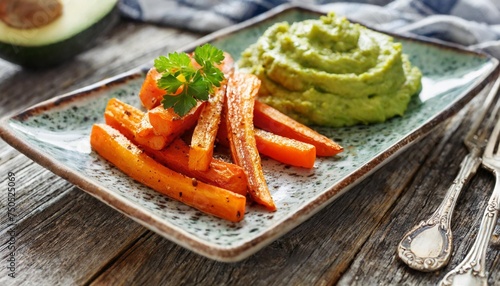 roasted carrots and mashed avocado on a ceramic plate closeup