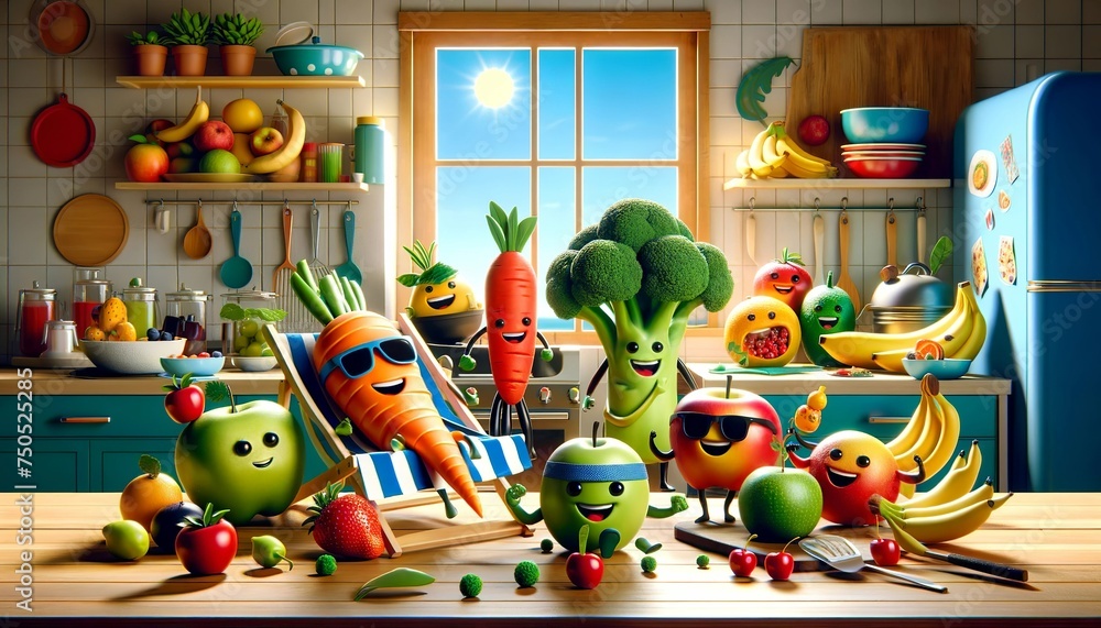 This AI-generated image showcases a cheerful assembly of photorealistic fruit and vegetable characters in a sunlit kitchen, brimming with personality and charm.