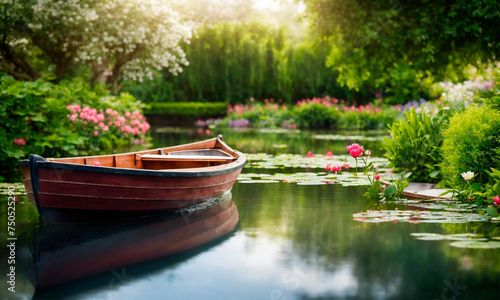 boat on the river with flowers. Selective focus.