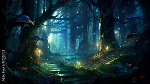 Mystical dark forest with glowing trees and mushrooms. 3D rendering