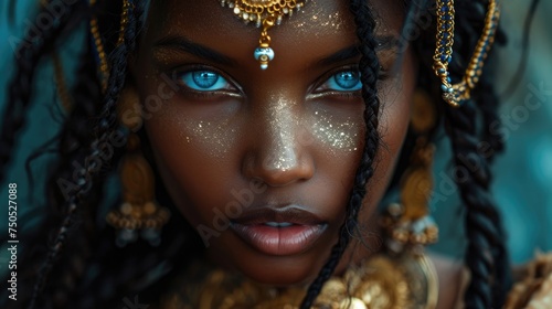 portrait of a woman, black model with braids looking beautiful in gold jewelry, blue eyes, in the style of brown and azure