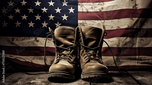Military combat boots with US flag in the background