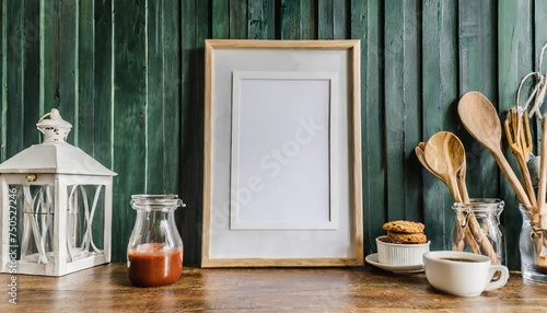 mock up poster frame in kitchen interior and accessories with dark green wooden slatted wall background photo