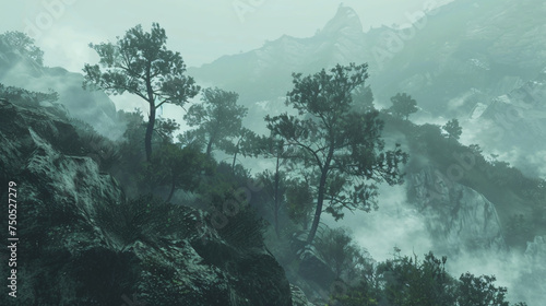 Trees on ridges in a strange misty landscape. © Cybonad