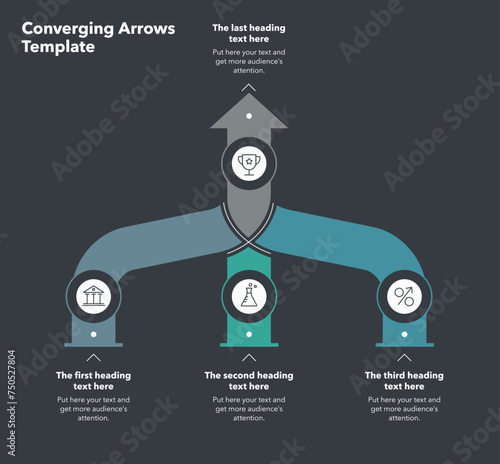 Vertical template for converging arrows with three levels - dark version. Flat infographic design for website or data presentation.