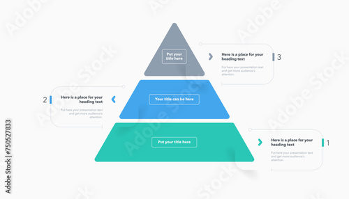 Triangle pyramid chart template with three colorful steps. Infographic diagram divided into three options with numbers.