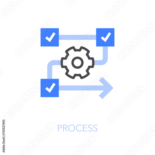 Simple visualised process icon symbol with a cogwheel and workflow process line.