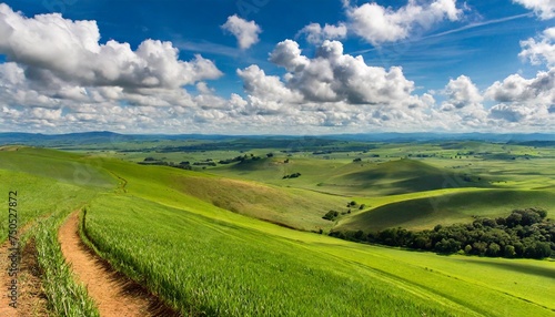 green field with rolling hills under a blue sky dotted with white clouds viewed from a high vantage point