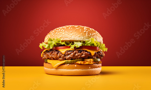A succulent cheeseburger with lettuce, cheese, and tomato on a sesame bun against a red background © krissanee