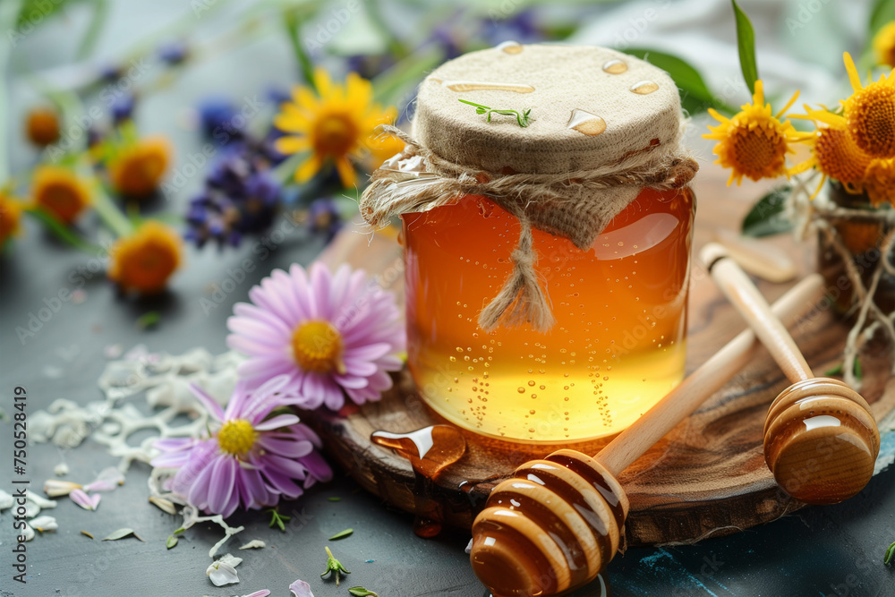 Jar of honey with a honey dipper. Organic honey in jar on rural wooden table and background of flowers Jar of honey with a honey dipper. Organic honey in jar on rural wooden table and background of flowers