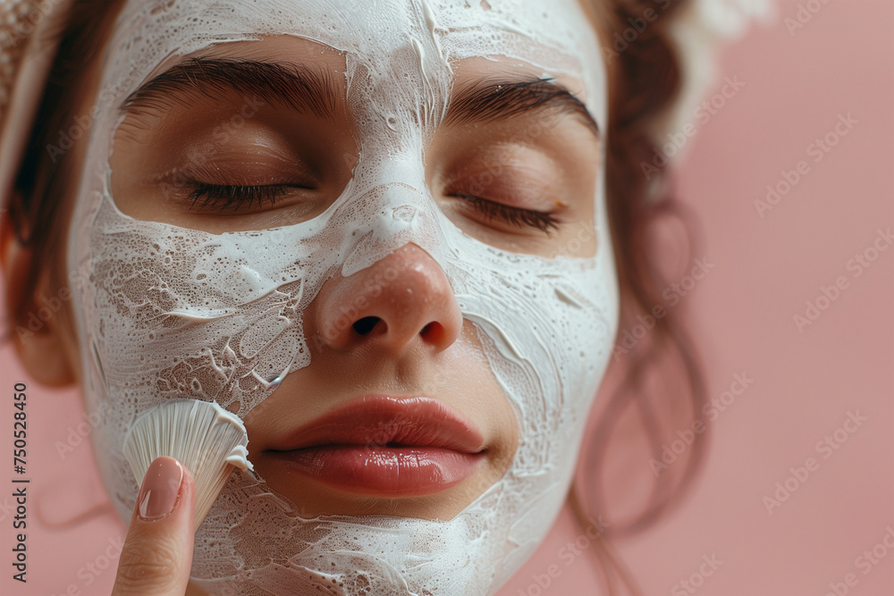 portrait of woman applying cosmetic face mask on her face, on ping background and copy space for text, cosmetology spa concept portrait of woman applying cosmetic face mask on her face, on ping background and copy space for text, cosmetology spa concept