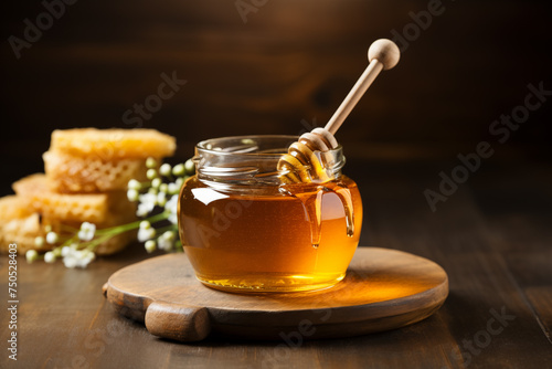 Honey in glass jar with honey dipper on rustic wooden table background and copy space for text
