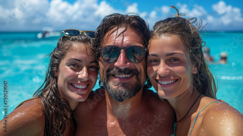 Portrait family, travel and girl smile on holiday on beach with parent, excited on tropical island and happy on vacation by sea. Daughter and father with love for fun on smiling during spring © BotStarter/Peopleimages - AI