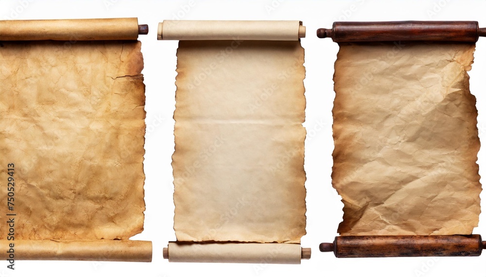 collection set old parchment paper scroll sheet vintage aged or texture isolated on white background