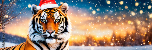 tiger in santa s hat year of santa. Selective focus.