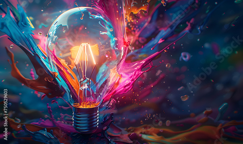 light bulb in blue, in the style of colorful surrealist, poured paint, light orange and magenta, light black and white, photorealistic pastiche, shaped canvas, innovative page design photo