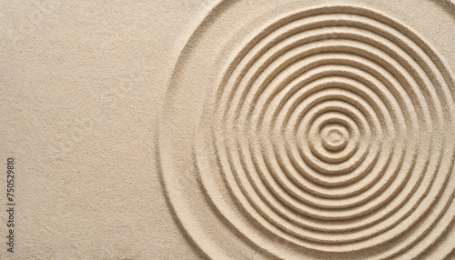top view pattern in japanese zen garden with close up concentric circles on sand for meditation and relaxation aesthetic minimal sand background with copyspace beige neutral tones