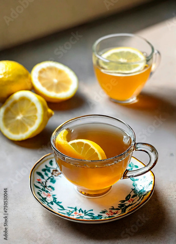 cup of tea with ginger and lemon. Selective focus.