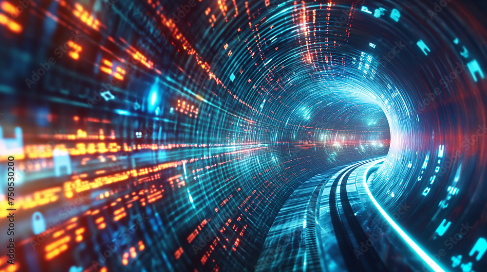 Abstract concept of a data tunnel in cyberspace, with glowing binary code and the idea of high-speed information transfer.