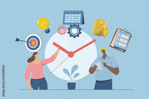 Time management planning concept, Corporate schedule management, Working time, Time organization efficiency. Businessman and woman plans organized work on schedule. Vector design illustration.