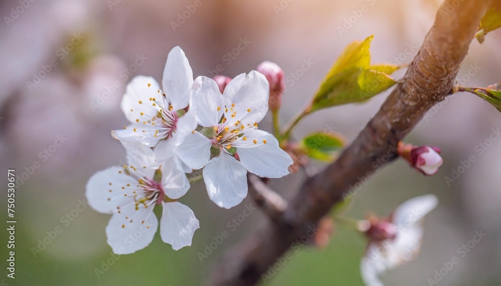 closeup of spring pastel blooming flower in orchard macro cherry blossom tree branch