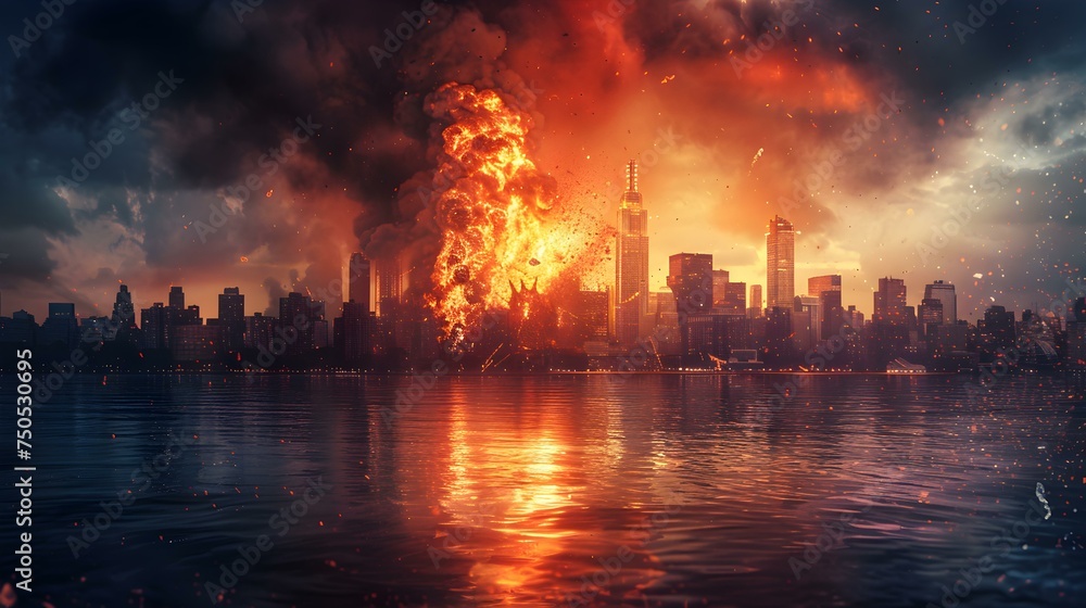Destructive monster wreaks havoc on city flames engulfing the skyline. Concept City Destruction, Monster Attack, Engulfed Skyline, Emergency Response, Devastation Destructive monster wreaks havoc on city flames engulfing the skyline. Concept City Destruction, Monster Attack, Engulfed Skyline, Emergency Response, Devastation