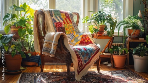 A cozy interior scene featuring a handmade patchwork quilt draped over a vintage wooden chair. British snug, telling its own story through vibrant colors and patterns