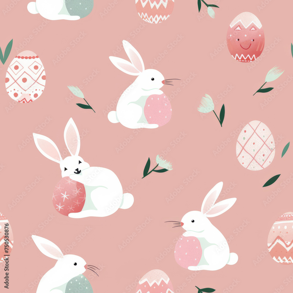 Seamless tilable  2d pattern with Easter bunnies, and Easter eggs