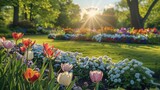 Springtime with flower garden. Generative AI.