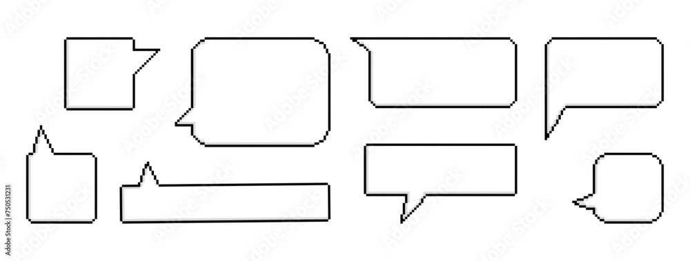 Set of white pixel speech bubble for game art. Stickers, icons, empty rectangular templates illustration. Vector Set of white pixel speech bubble for game art. Stickers, icons, empty rectangular templates illustration. Vector