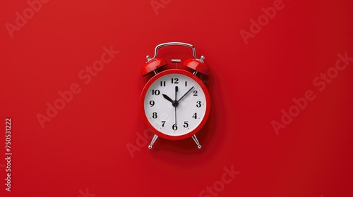 red alarm clock, red alarm clock on red background. close up shot. top view.