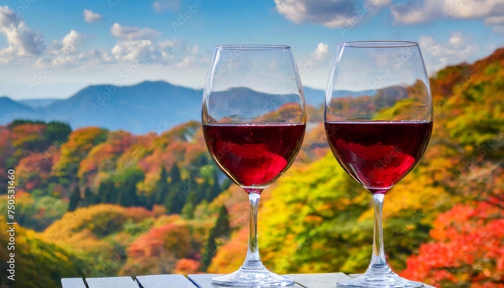 two giant red wine glasses against the backdrop of japanese landscapes in autumn colors