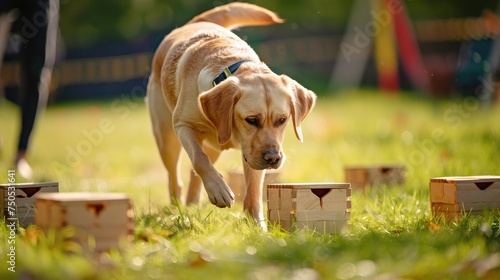 A photo of a fawn-colored Labrador Retriever dog sniffing wooden crates in search of substances. Nosework competitions. Training a dog's sense of smell on objects