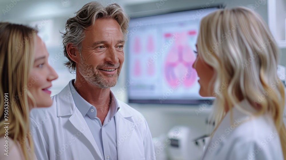 Obraz premium Two Women and a Man Talking to Each Other