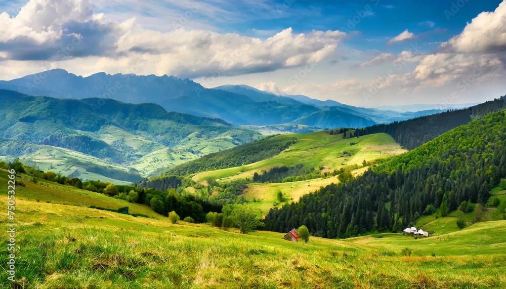 panorama of beautiful countryside of romania sunny afternoon wonderful springtime landscape in mountains grassy field and rolling hills rural scenery