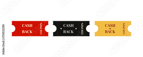 Set of money back coupons.
Black, red, yellow discount coupon.
Bargain shopping concept with promotional offer and bonus. Vector eps 10.