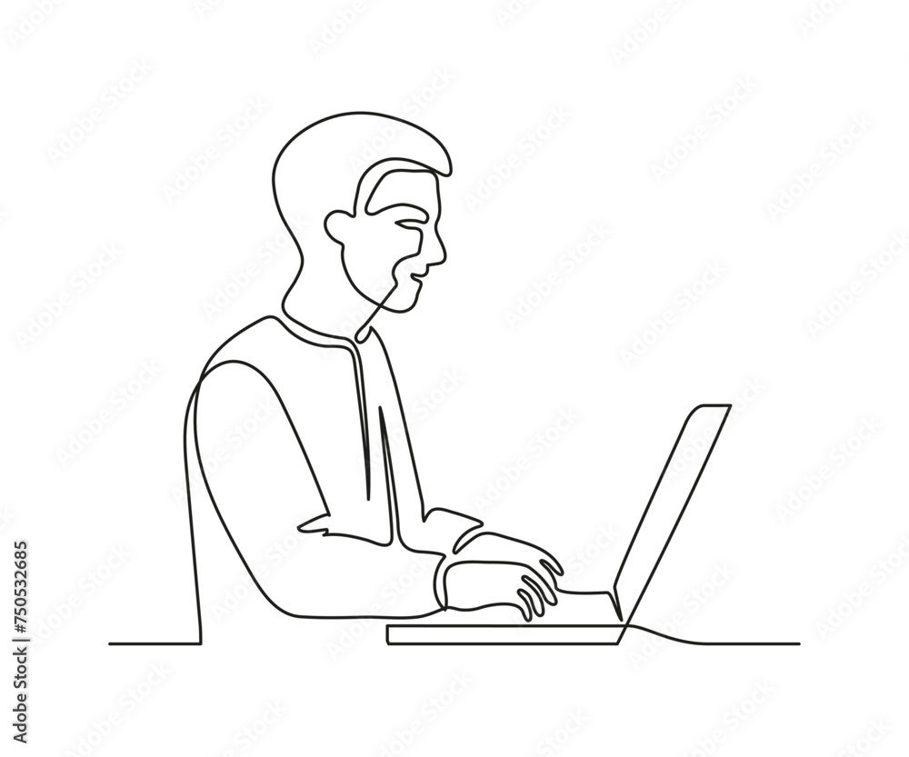 Man work on laptop, continuous one line drawing. Learning or business on computer online. Simple single minimalism outline style. Vector Man work on laptop, continuous one line drawing. Learning or business on computer online. Simple single minimalism outline style. Vector