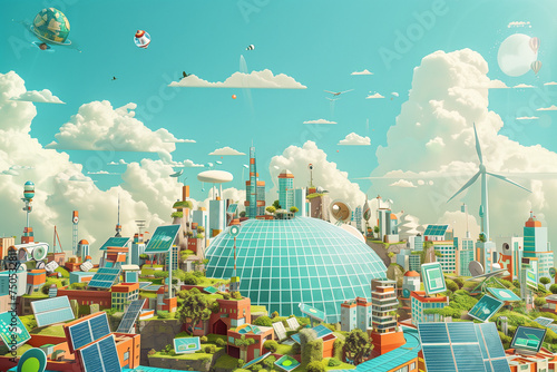 A comprehensive illustration of solar panels harnessing solar power on Earth in a vibrant urban landscape. Renewable energy and sustainable technology concept
