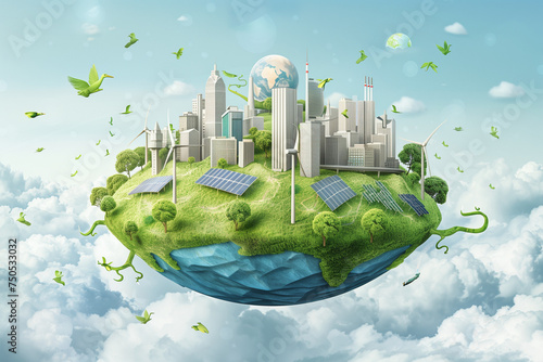 A detailed illustration of Earth with a solar power plant and a bustling city on its surface. Renewable energy and sustainable urban development concept
