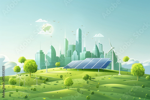 A detailed illustration of Earth featuring a solar power plant and a thriving city on its surface. Renewable energy and sustainable living concept
