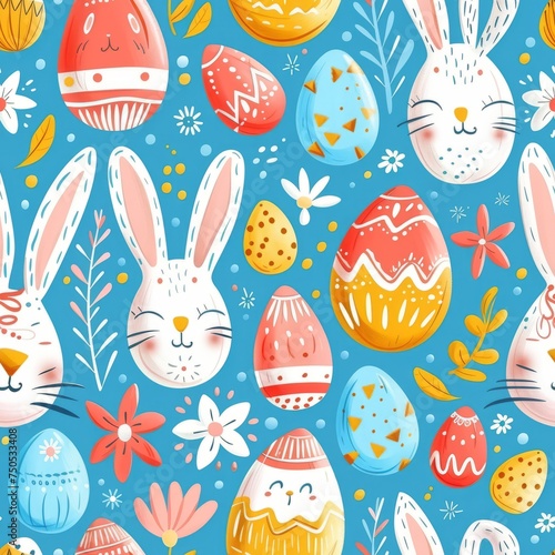 Seamless tilable 2d pattern with Easter bunnies, and Easter eggs