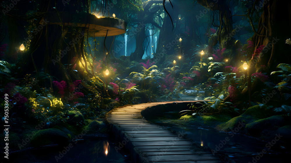 Pathway through the tropical garden at night. 3D Rendering