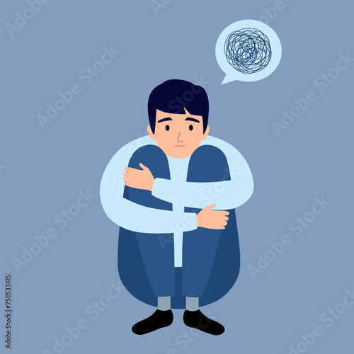 Young depressed male character sitting on the floor and holding his knees. mental health issues. Depression disorder.