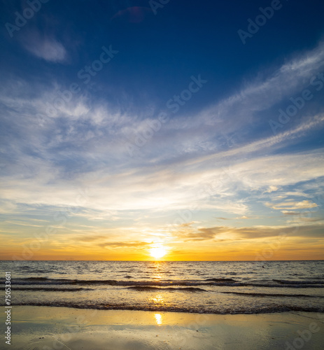 Landscape horizon viewpoint vertical summer sea beach nobody wind wave cool holiday calm sunset sky evening day time look calm nature tropical beautiful ocean water travel Koh Muk Trang Thailand