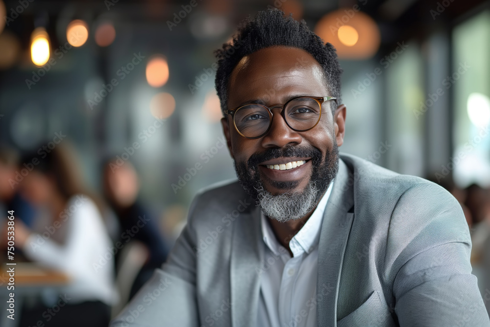 An African American business man in a professional suit and glasses is sitting at a table and is probably participating in a conference, meeting or lecture with other people An African American business man in a professional suit and glasses is sitting at a table and is probably participating in a conference, meeting or lecture with other people