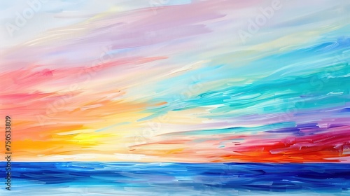A dynamic and colorful representation of a seaside sunset, where brisk brushstrokes convey the movement of the waves and the vibrancy of the sky.