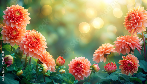 Pink dahlia field in the spring with beautiful sunlight. Beautiful field with pink and yellow dahlia flowers, garden filled with sun light and dahlias © annebel146