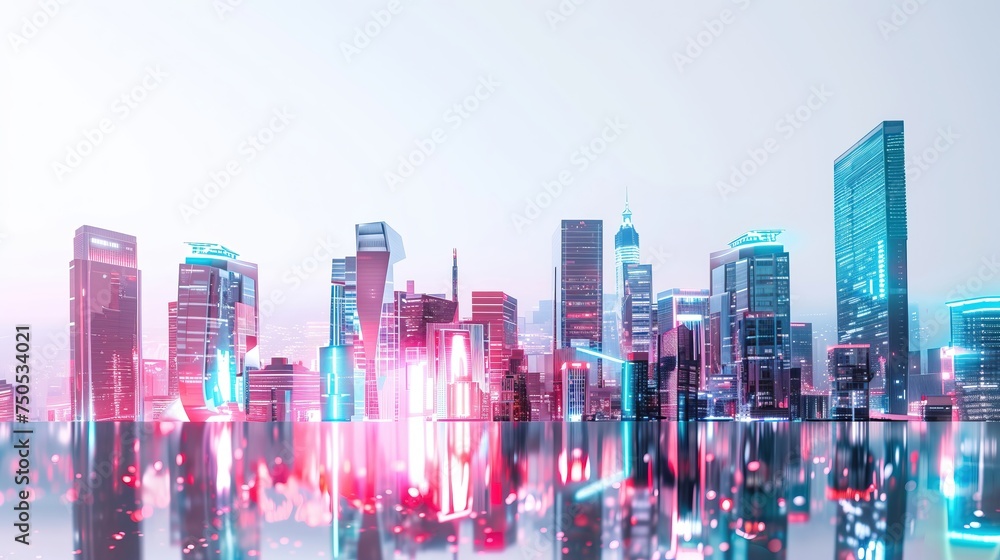 The city awakens to the digital age, its skyline a canvas of neon and LED, reflected in the tranquil waters of dawn - obrazy, fototapety, plakaty 